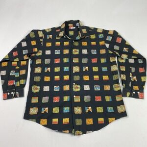 Maus & Hoffman Shirt Mens Large Black Multicolor Print Button Up Made in USA